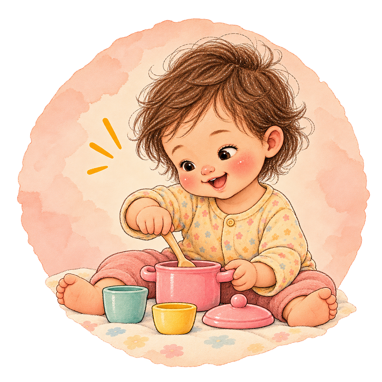 Toddler pretending to cook with a pink toy pot
