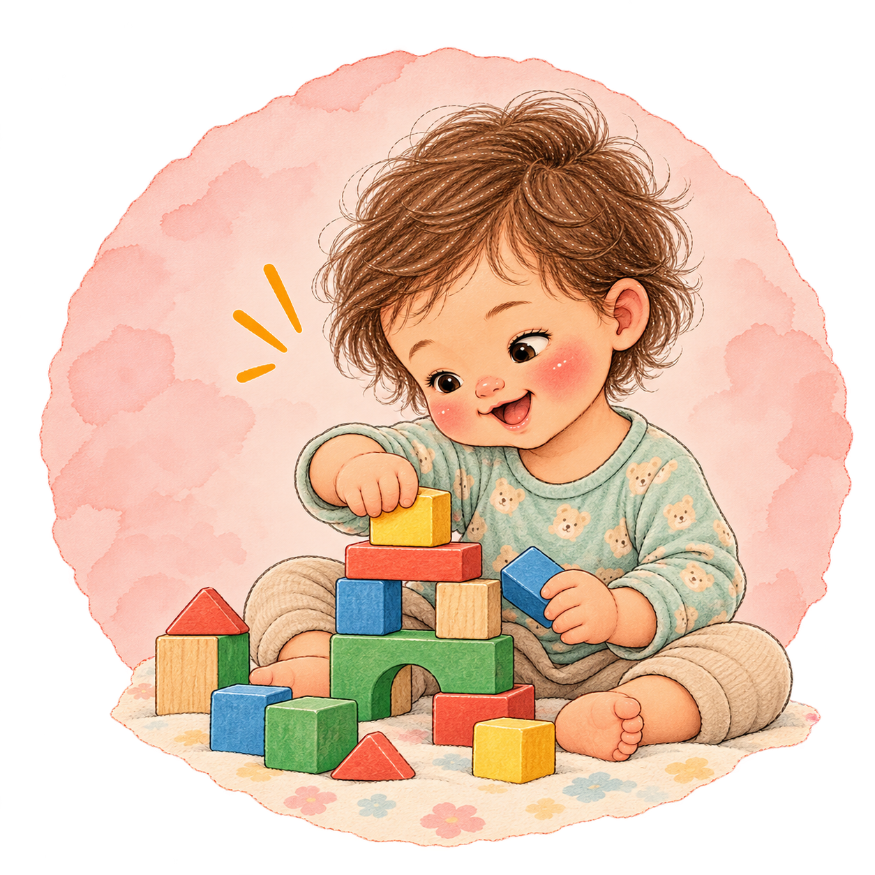 Toddler building a tower with colorful wooden blocks