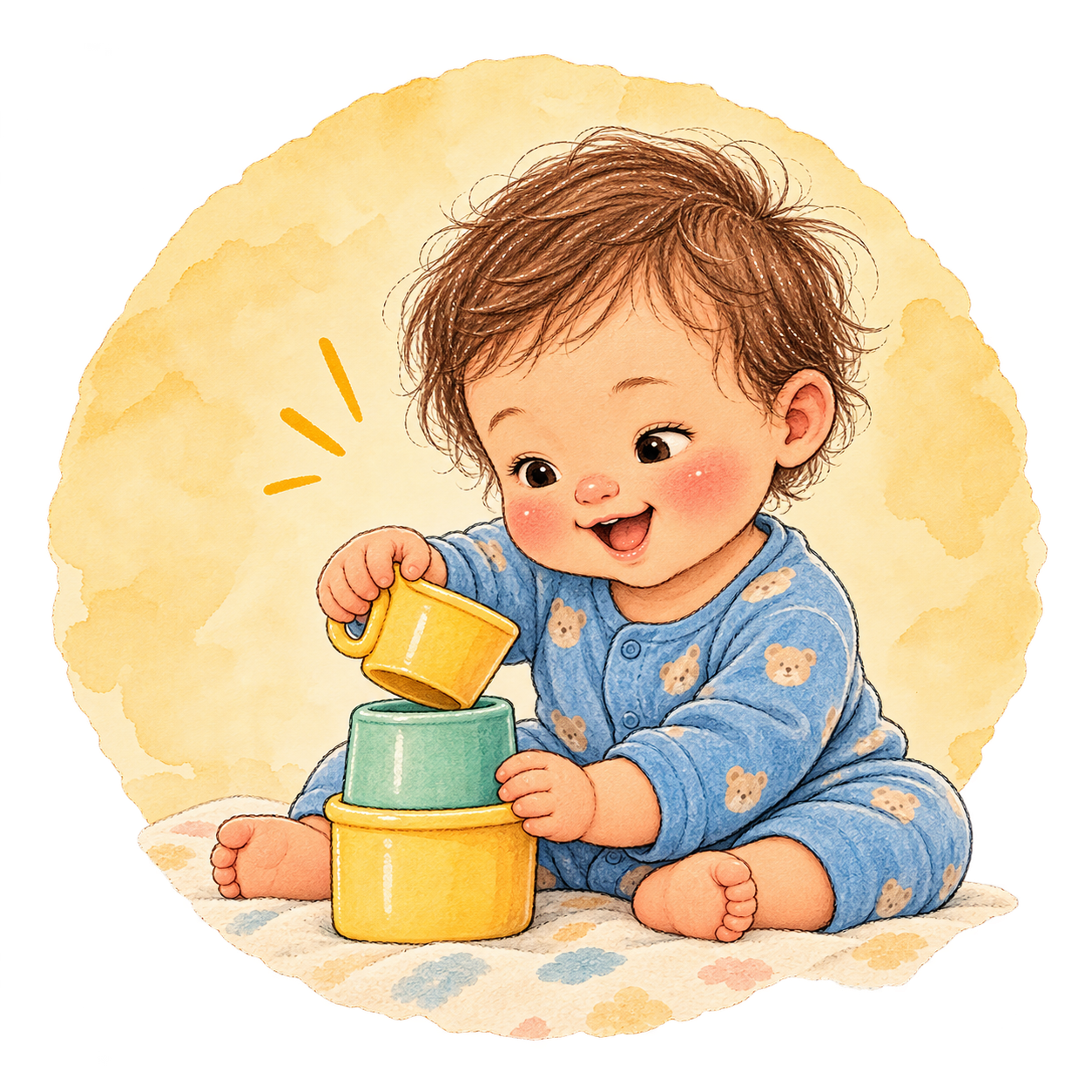 Baby sitting and playing with colorful stacking cups