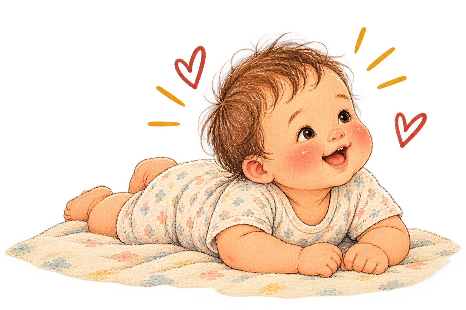 Happy baby lying on their tummy in a floral romper on a soft blanket