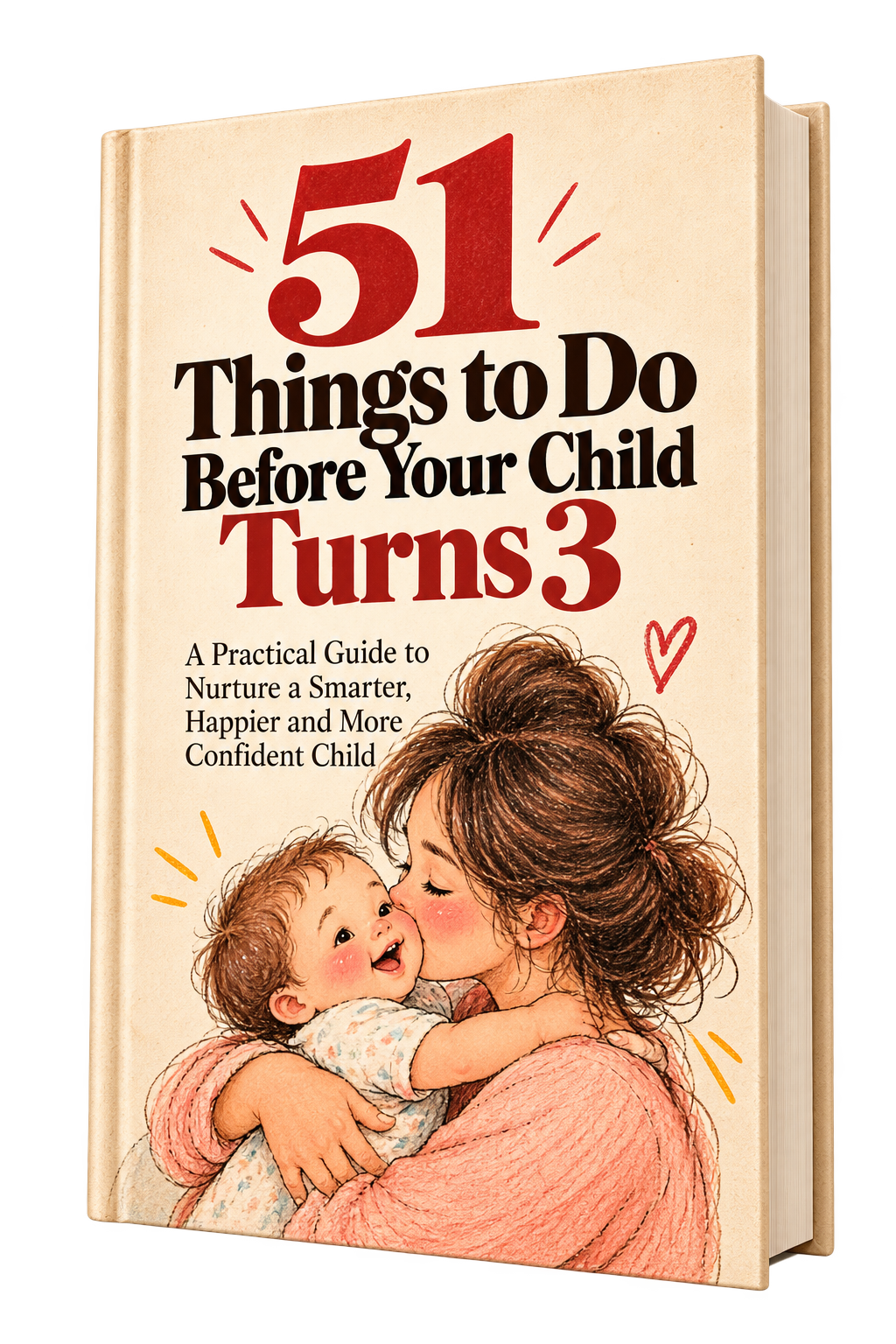 Hardcover book 51 Things to Do Before Your Child Turns 3, with a mother hugging her baby on the cover