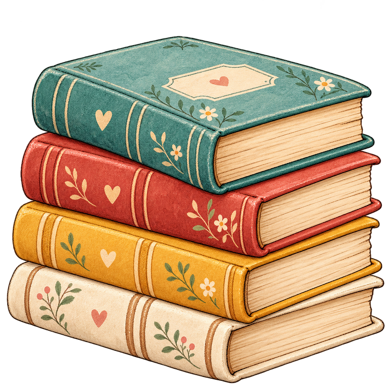 A stack of four vintage hardcover books in teal, terracotta, mustard and cream