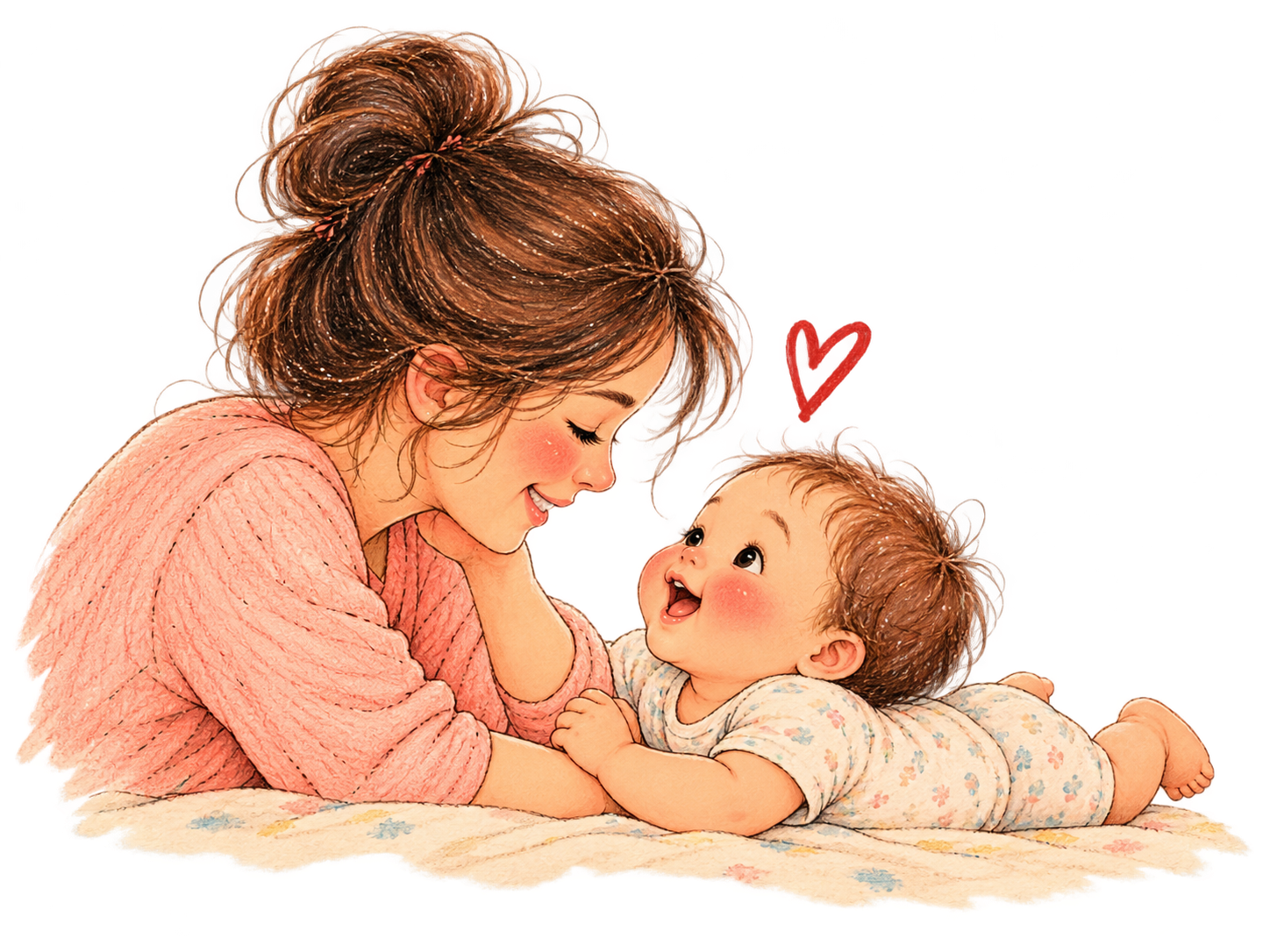 Mother in a pink sweater leaning close to her laughing baby on a soft blanket