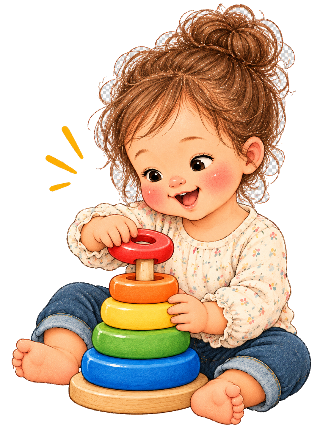 Toddler girl with a brown bun stacking rainbow-colored wooden rings